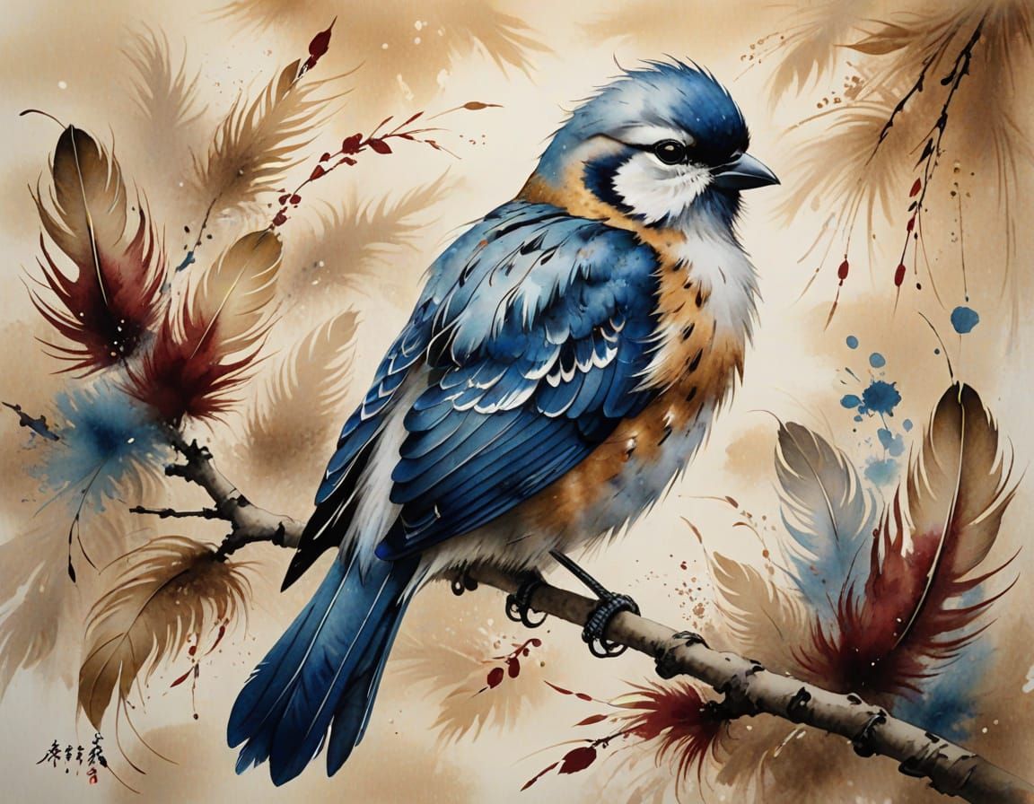 Fluffy Bird in Wind: Traditional Chinese Painting