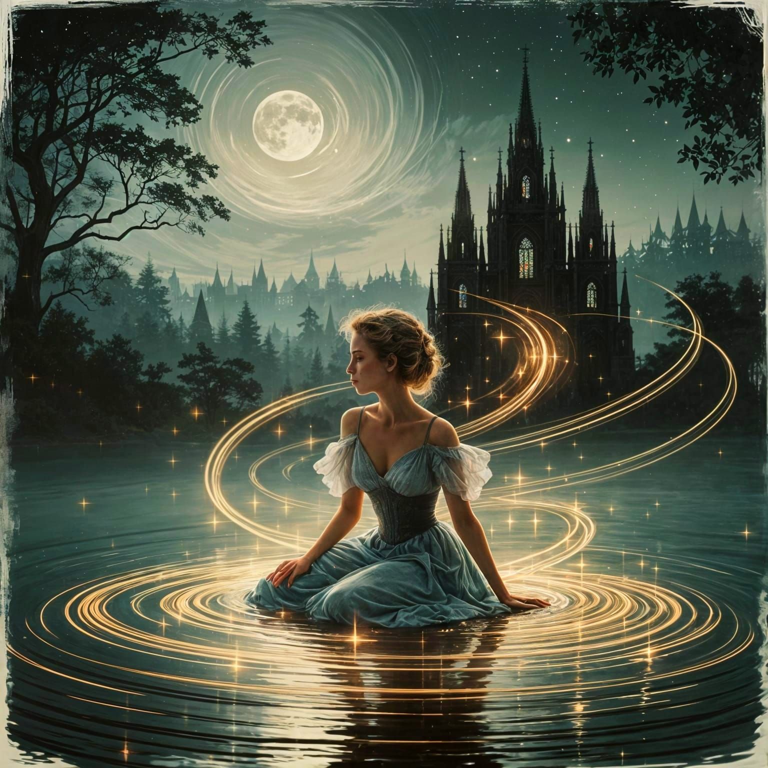 Ethereal Woman in Moonlit Cathedral Scene