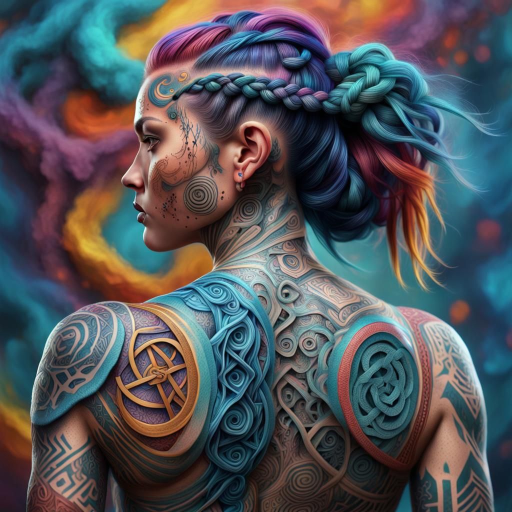 Vibrant Tattooed Woman's Back in Hyperrealistic 3D