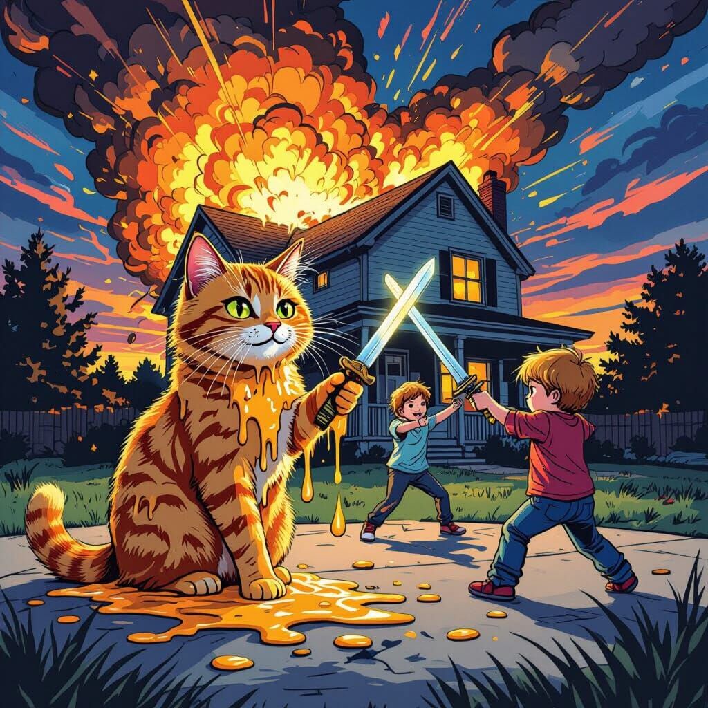 Ginger Cat, Kids Fight, Explosive House in Graphic Novel Sty...