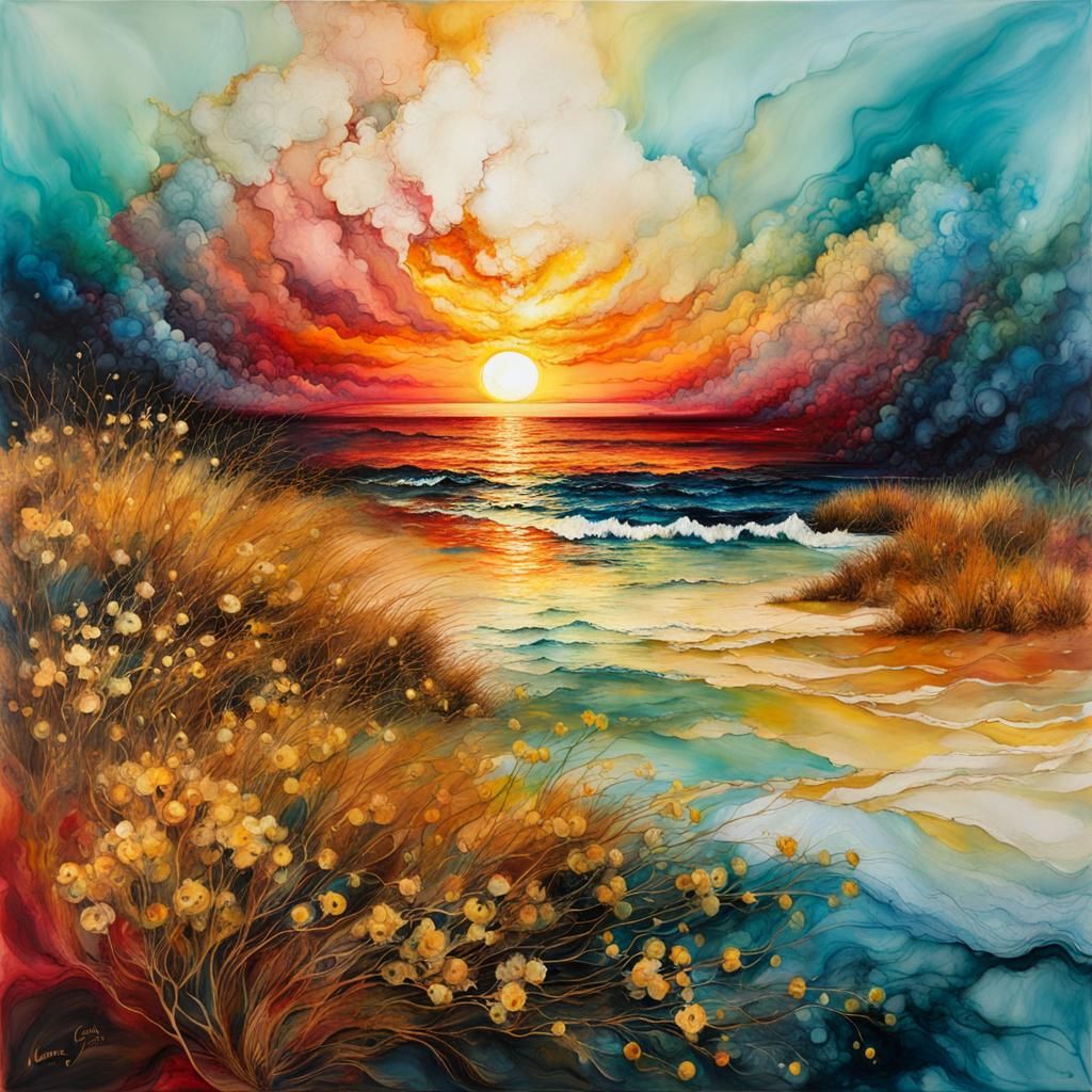 Encaustic Beach Sunset in Van Gogh Style