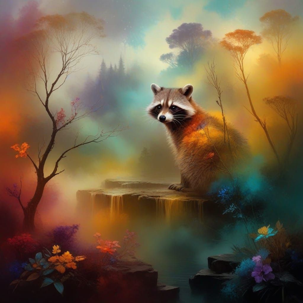 Whimsical Raccoon in Vibrant Misty Night