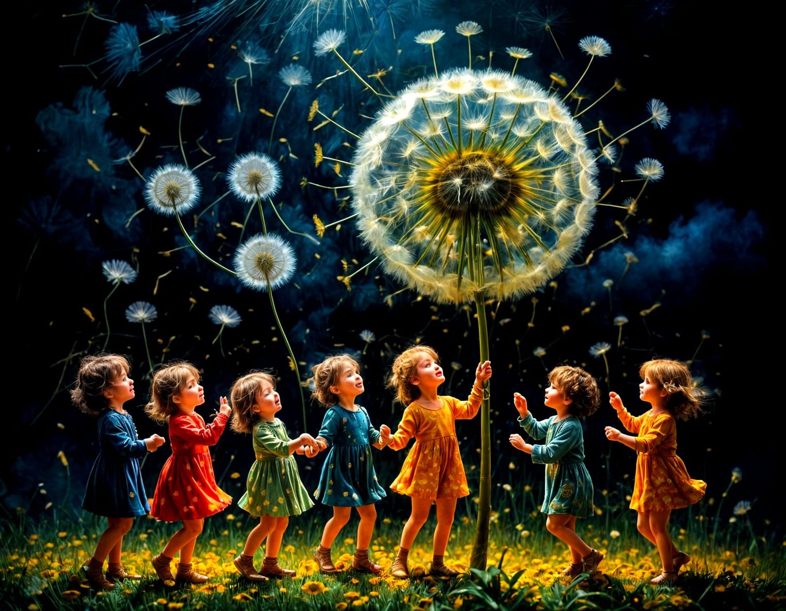 Vibrant Dandelion Dance in Whimsical Art