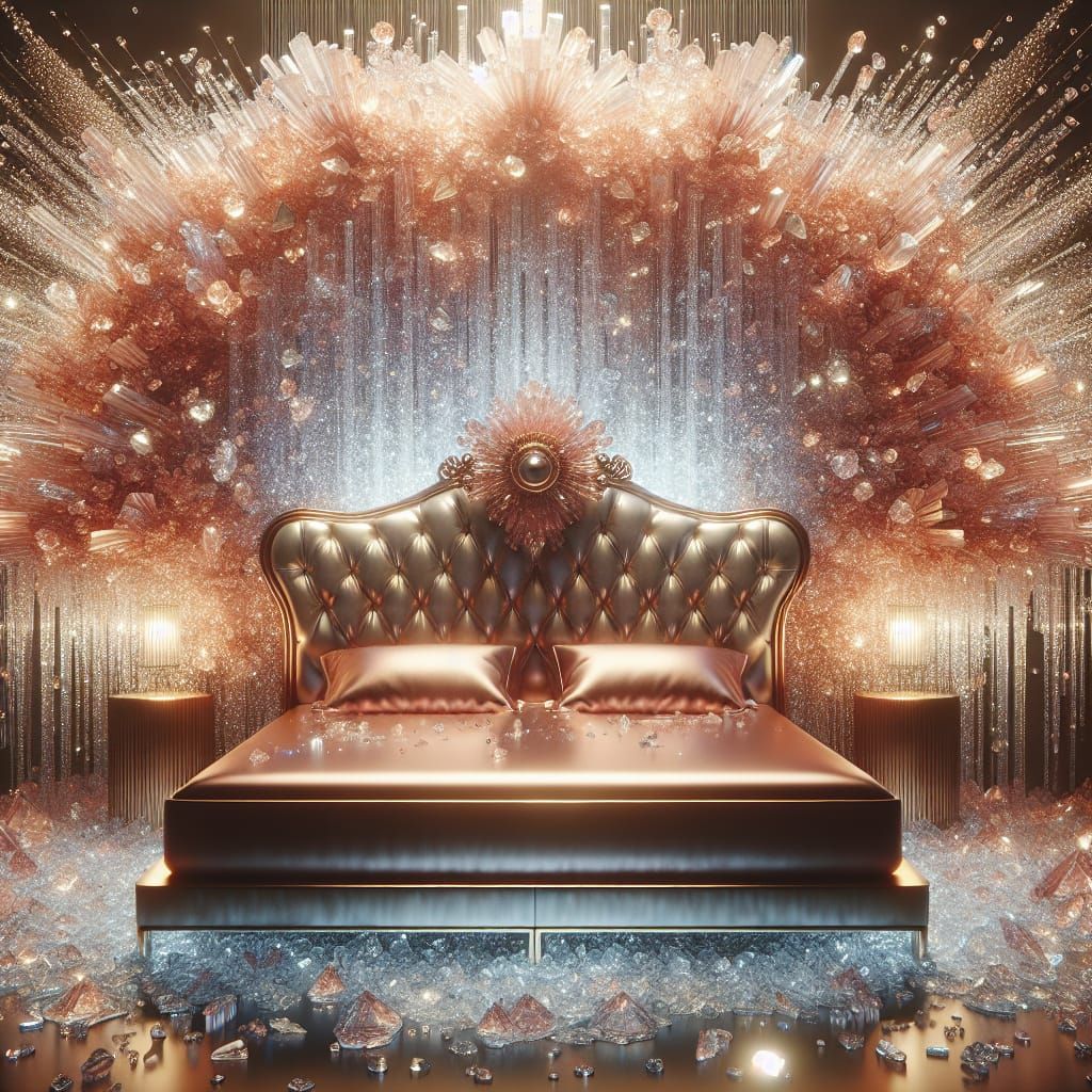 Luminous Rose Gold Bed with Crystalline Waterfall Headboard