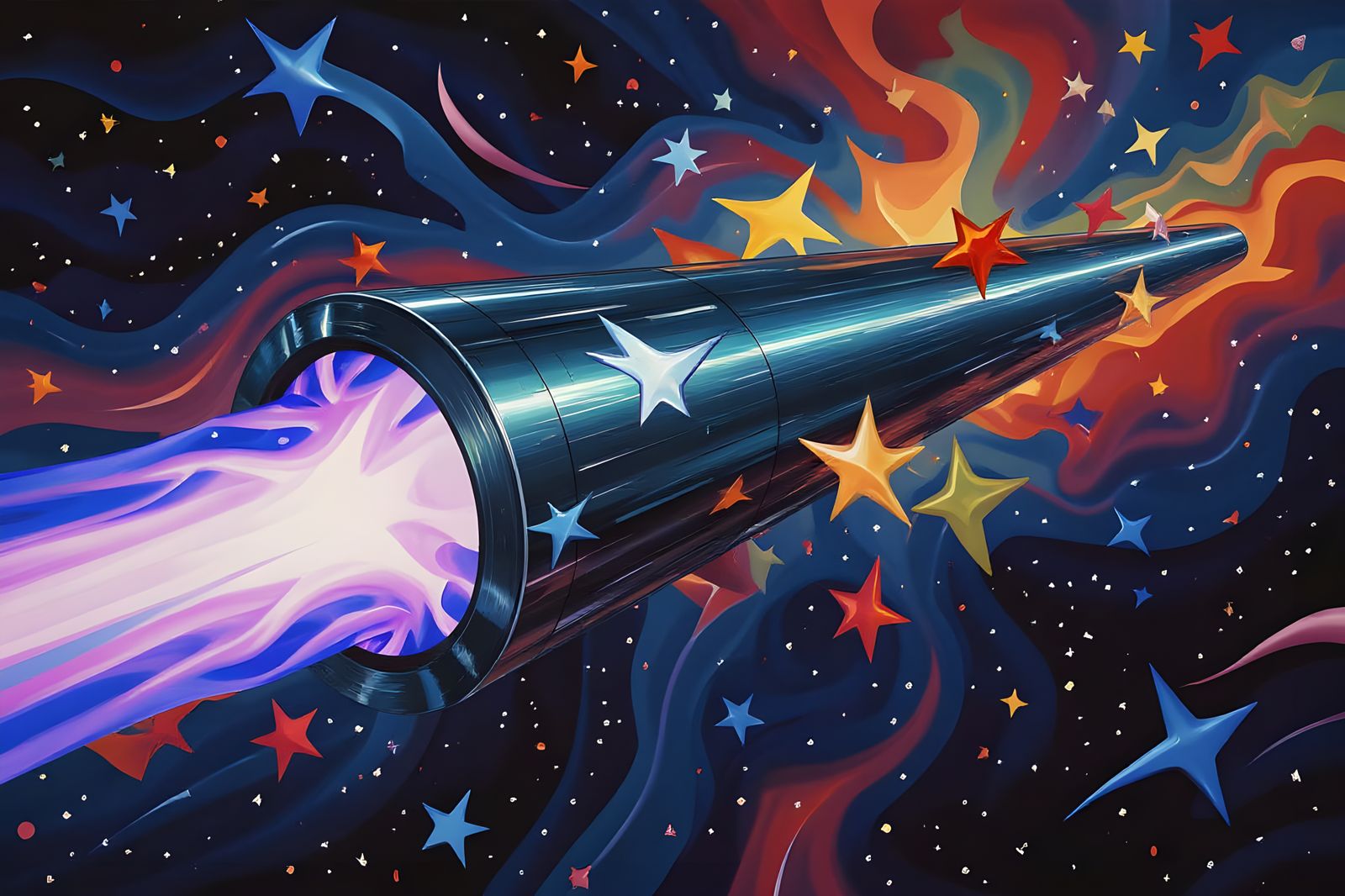 Cylindrical Starship Reflecting Starscape