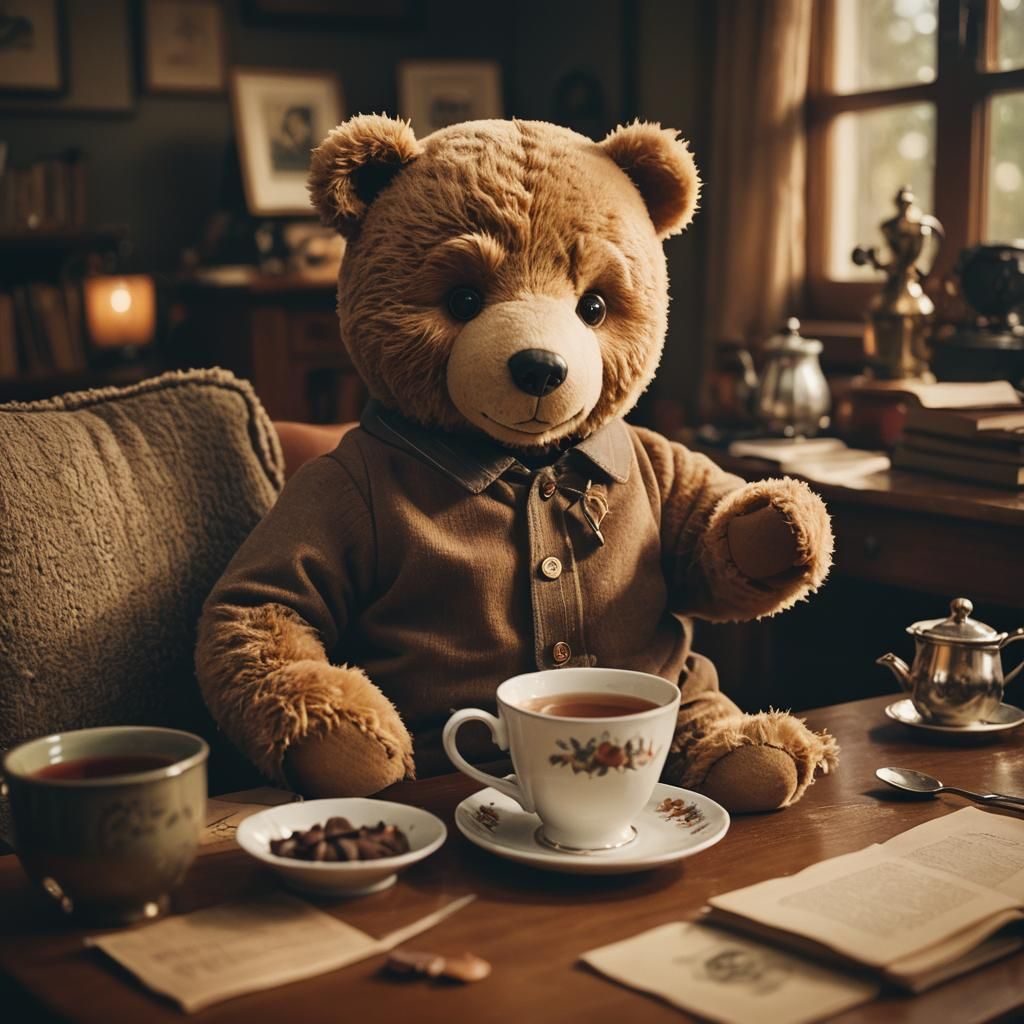 Teddy Bear's Cozy Tea Party: A Cinematic Still
