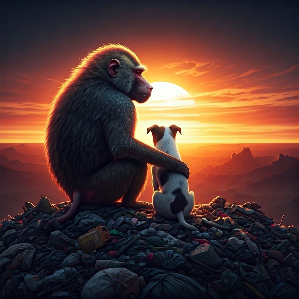 Baboon and Dog Sunset Garbage Pile Friendship