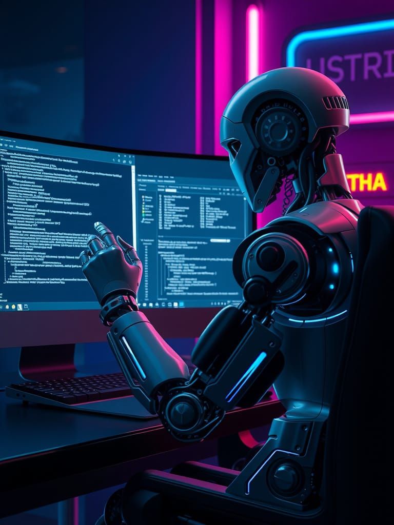 Futuristic Robot Completes Captcha in Neon-Lit Cyberpunk Sce...