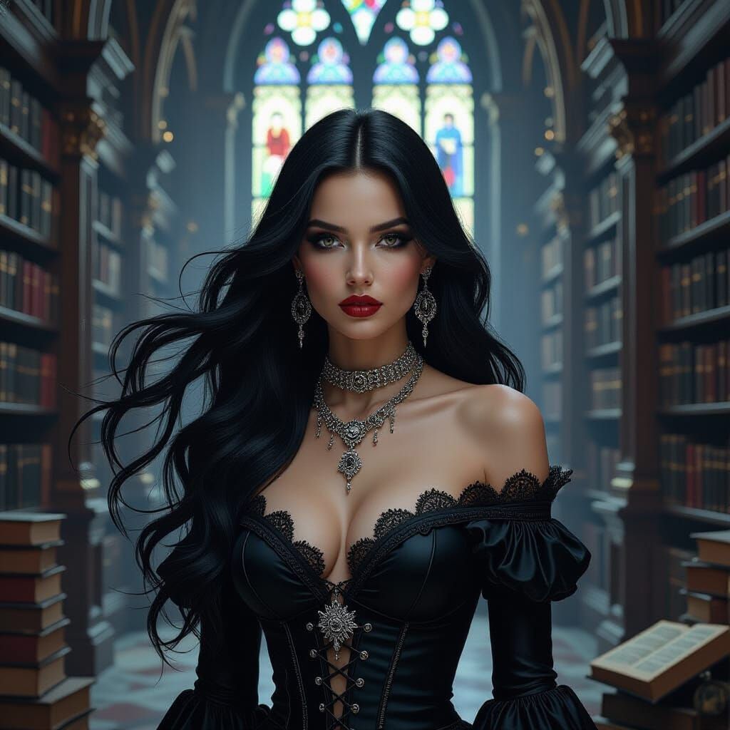 Gothic Woman in Abandoned Library, a Surrealist Vision