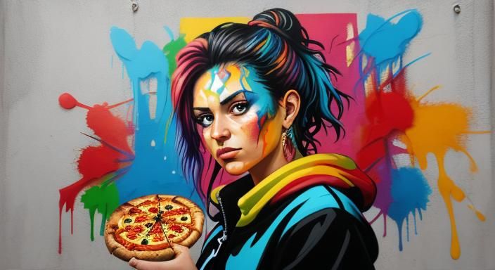 Italian Woman and Meatball Pizza in Graffiti Style