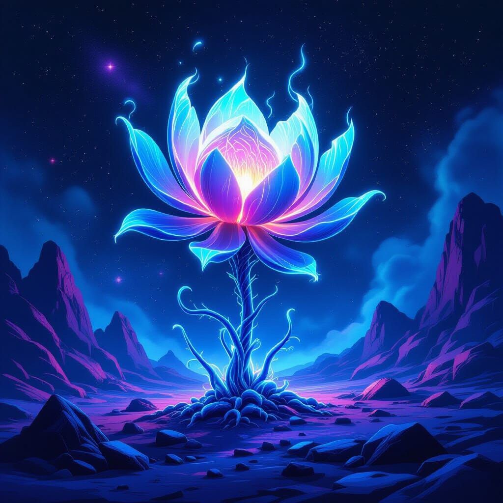 Bioluminescent Alien Plant in Nebula, 1970s Sci-Fi Art