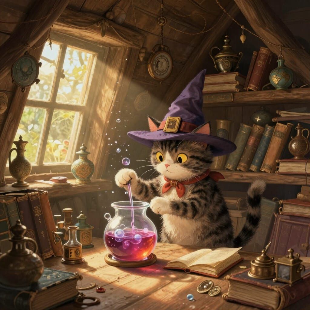 Mischievous Cat Wizard Brewing Potion in Attic