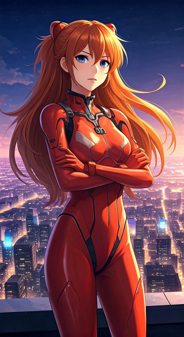 Confident Red-Haired Girl in Futuristic Pilot Suit on Roofto...
