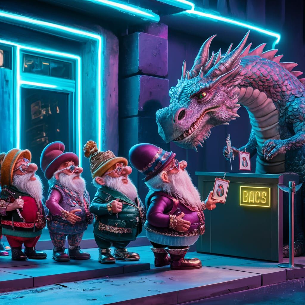 Dwarves Clubbing with Dragon Bouncer in Neon City