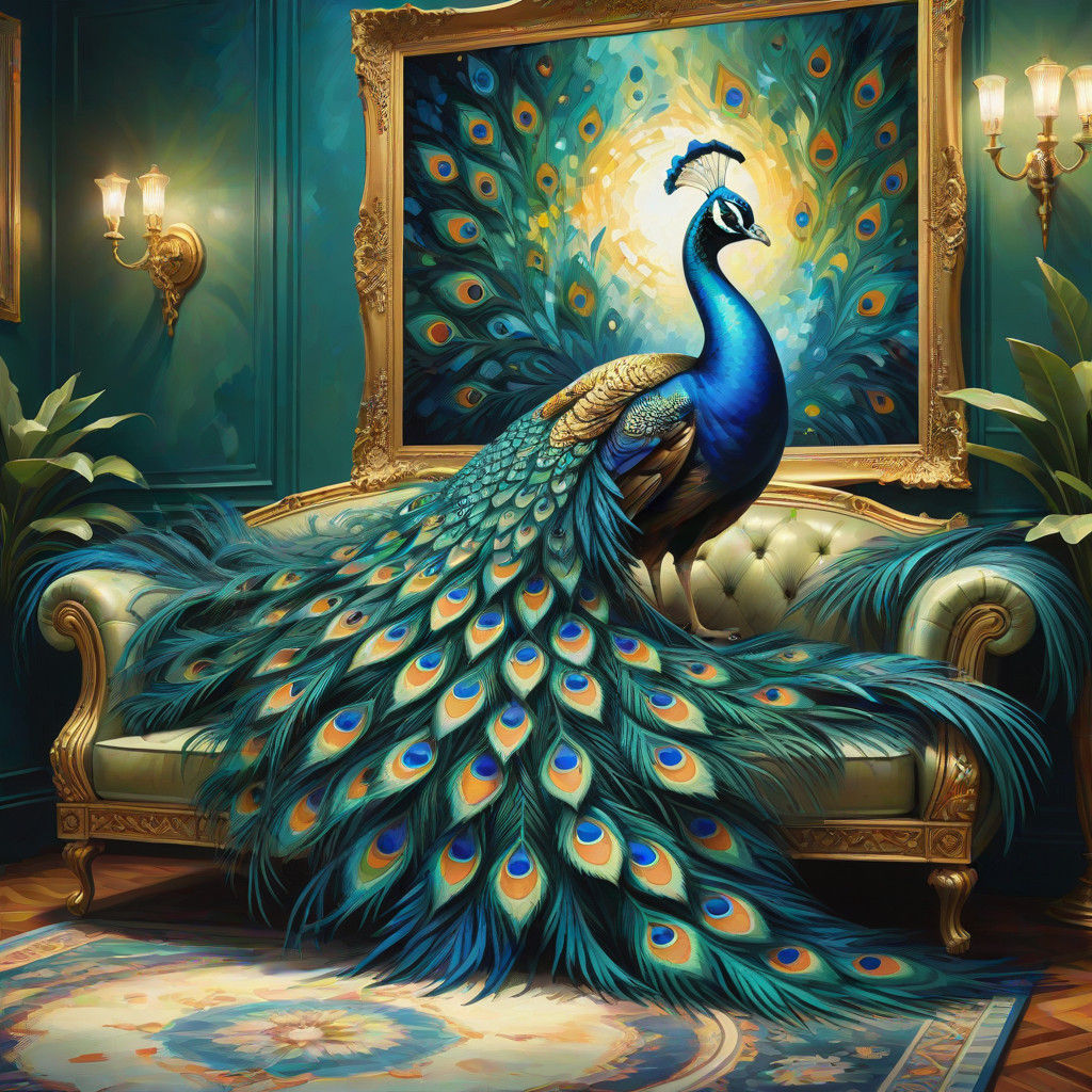 Vibrant, Surreal Peacock in an Ornate Room