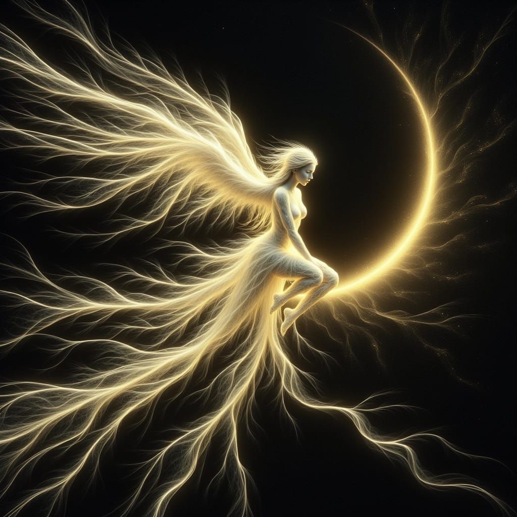 Ethereal Angel on Crescent Moon in Radiant Light