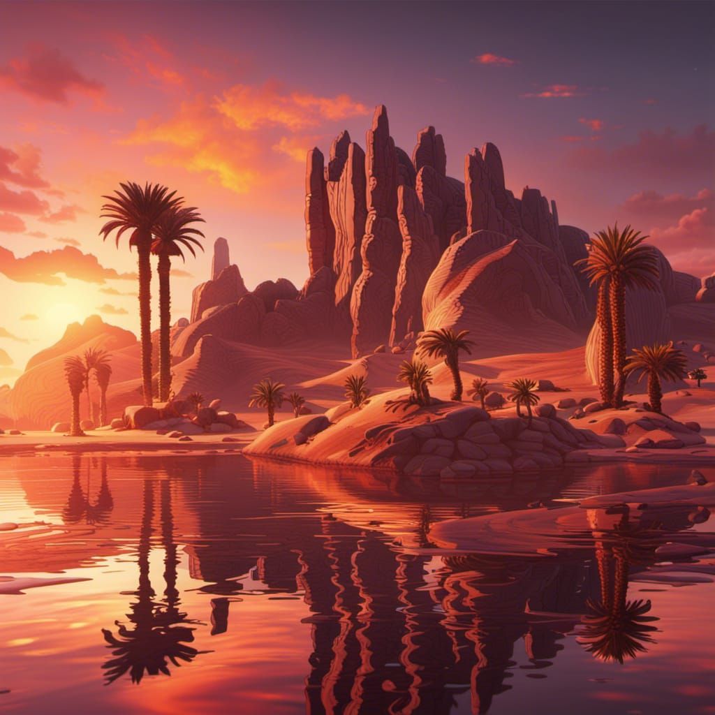Colorful Sunset Over Desert Oasis: Fantasy Concept Art