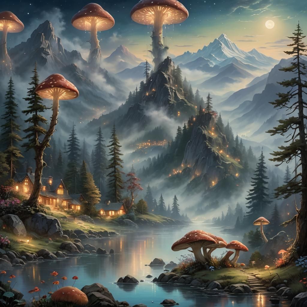 Moonlit Fantasy Landscape with Glowing Forest