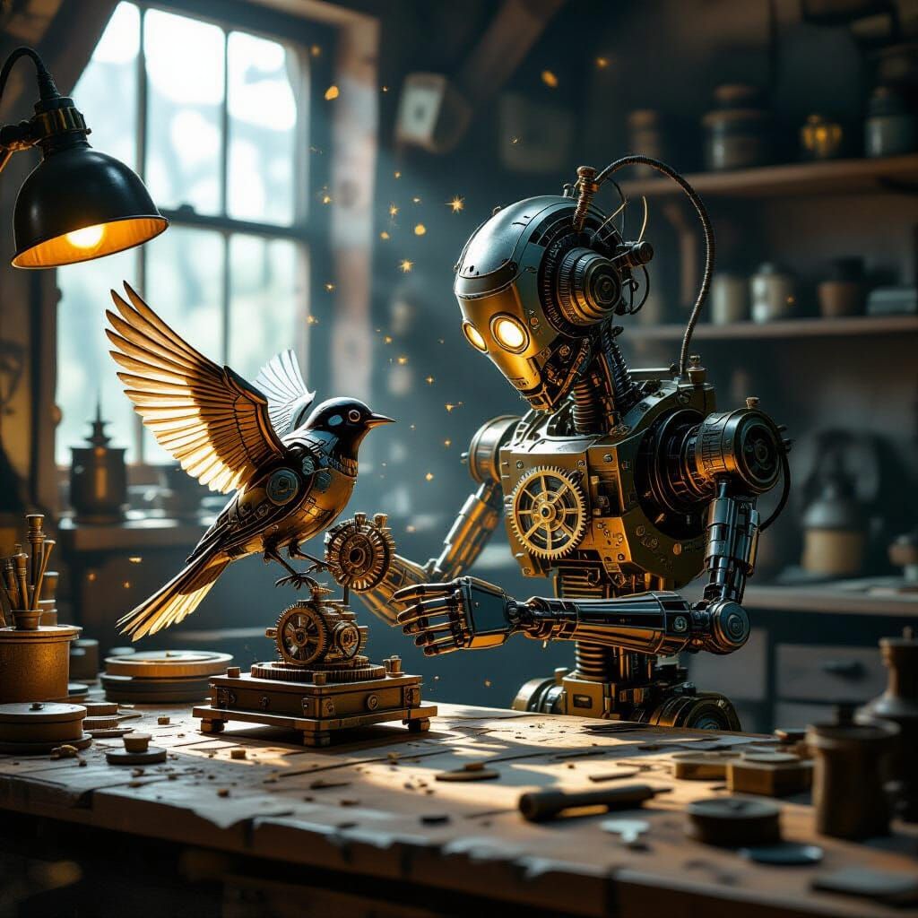 Steampunk Automaton Crafts Clockwork Bird in Gritty Workshop