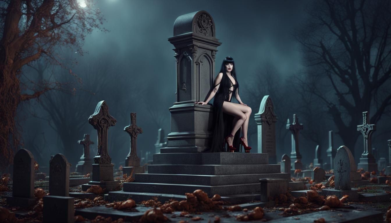 Elvira Posing on Grave, Detailed Matte Painting