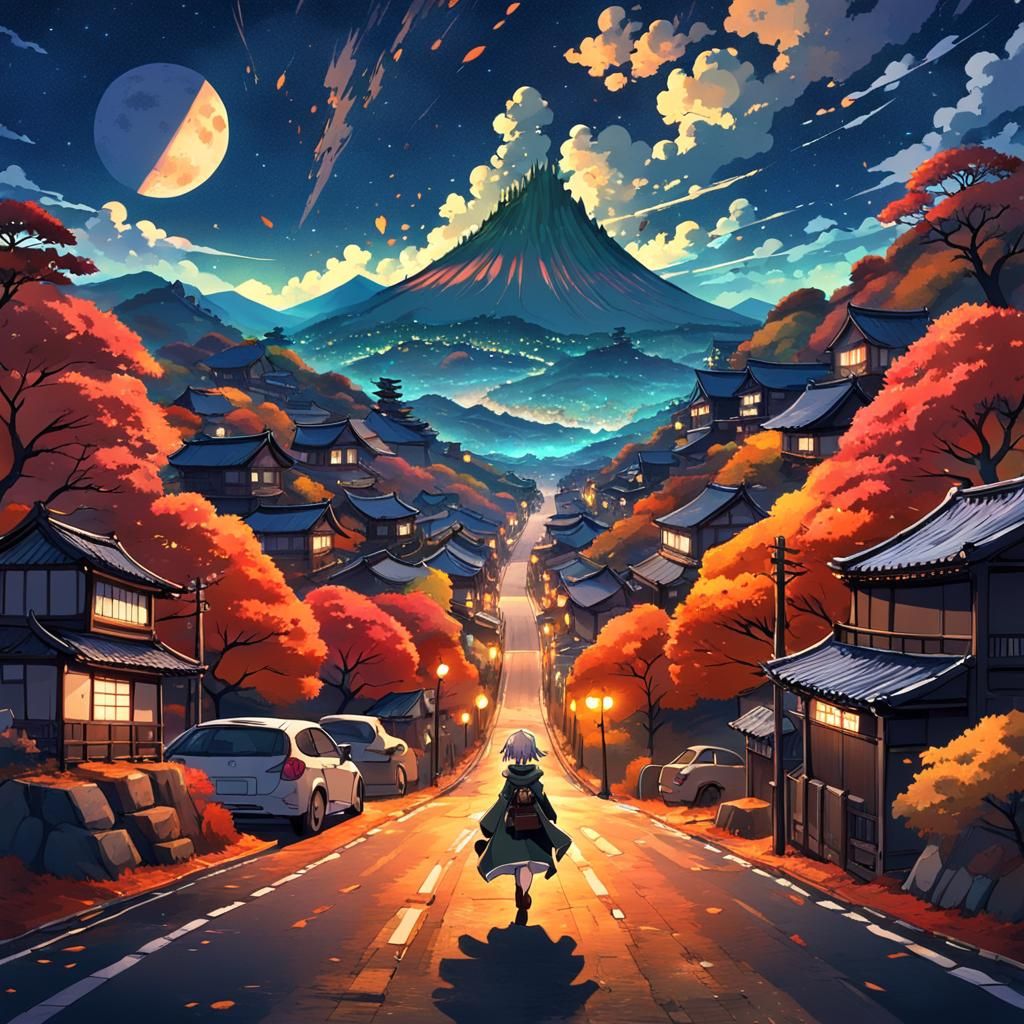 Adventurer on Autumn Road in Anime Style