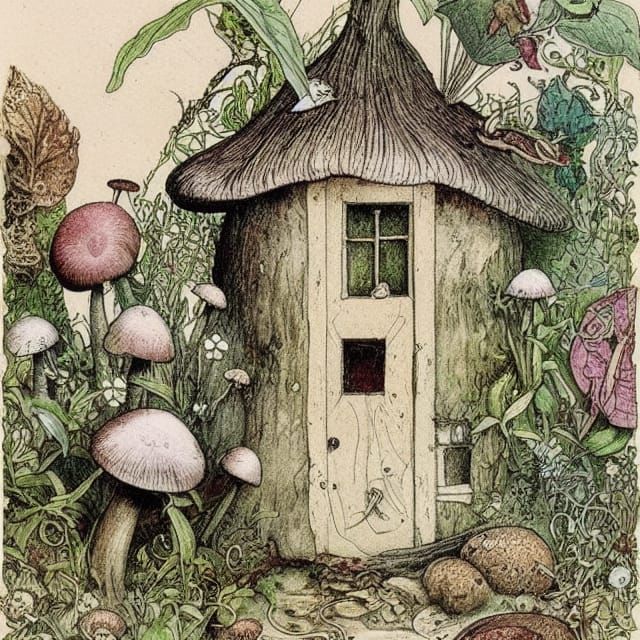 Mushroom Fairy House in Victorian Botanical Style