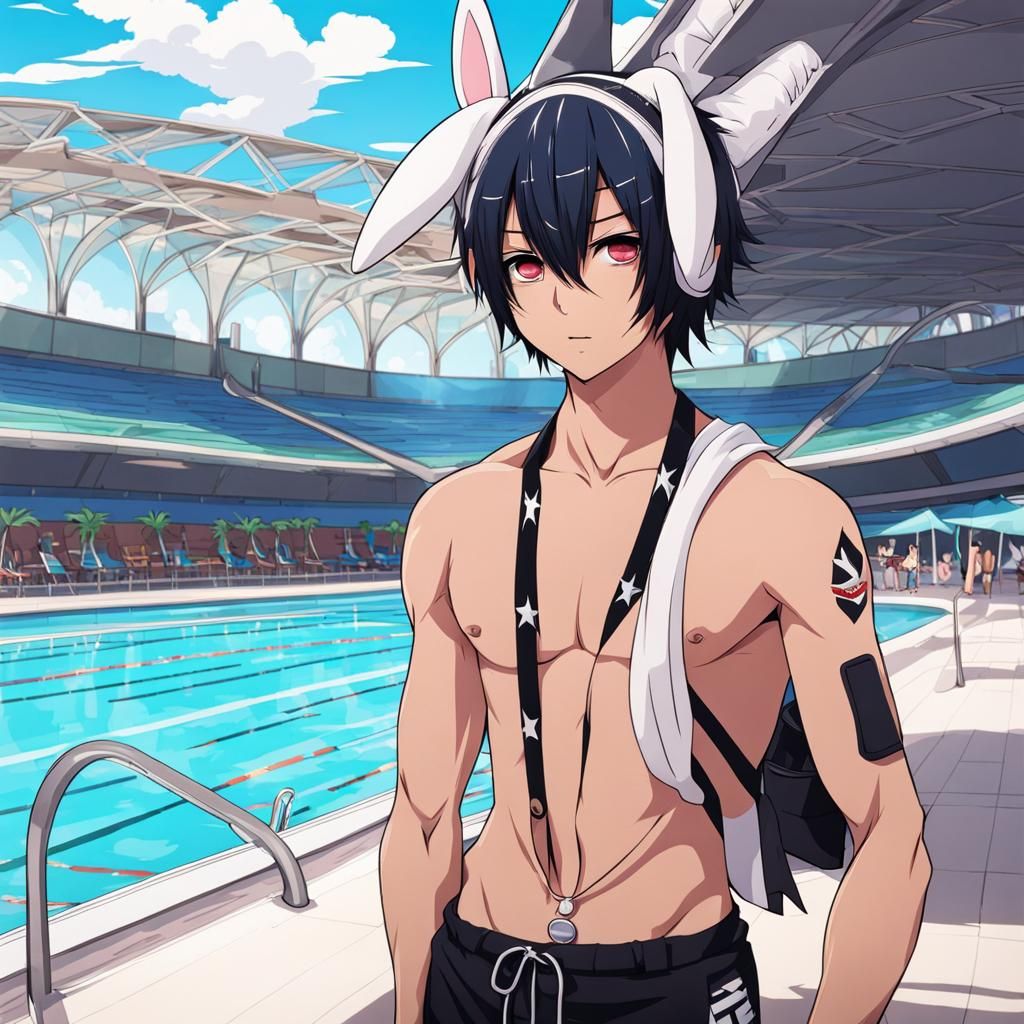 Emo Boy with Bunny Ears at Olympic Pool, Anime Style