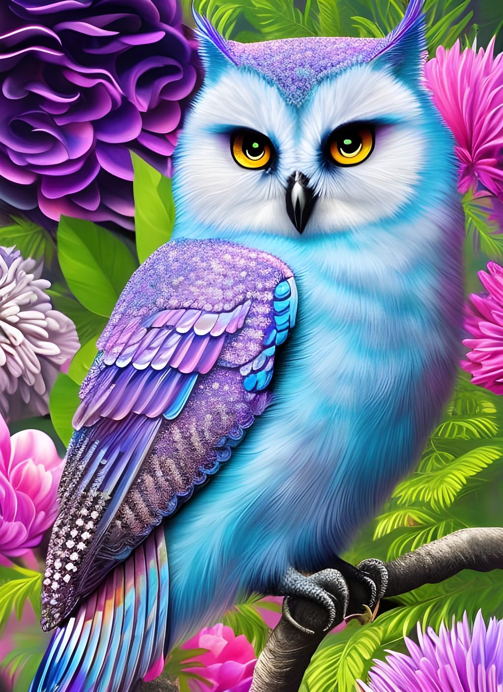 Stunning multicoloured owl, beautiful embossed feathers, brush stroked feathers, insanely cute face, gorgeous realistic ...