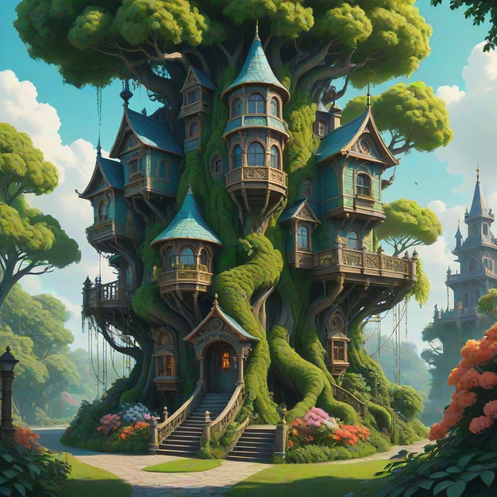Whimsical Victorian Tree House in Hyperrealistic Detail