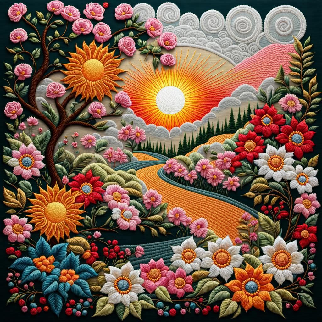 Embroidered Sunrise Over Blossoming Roadside Bush