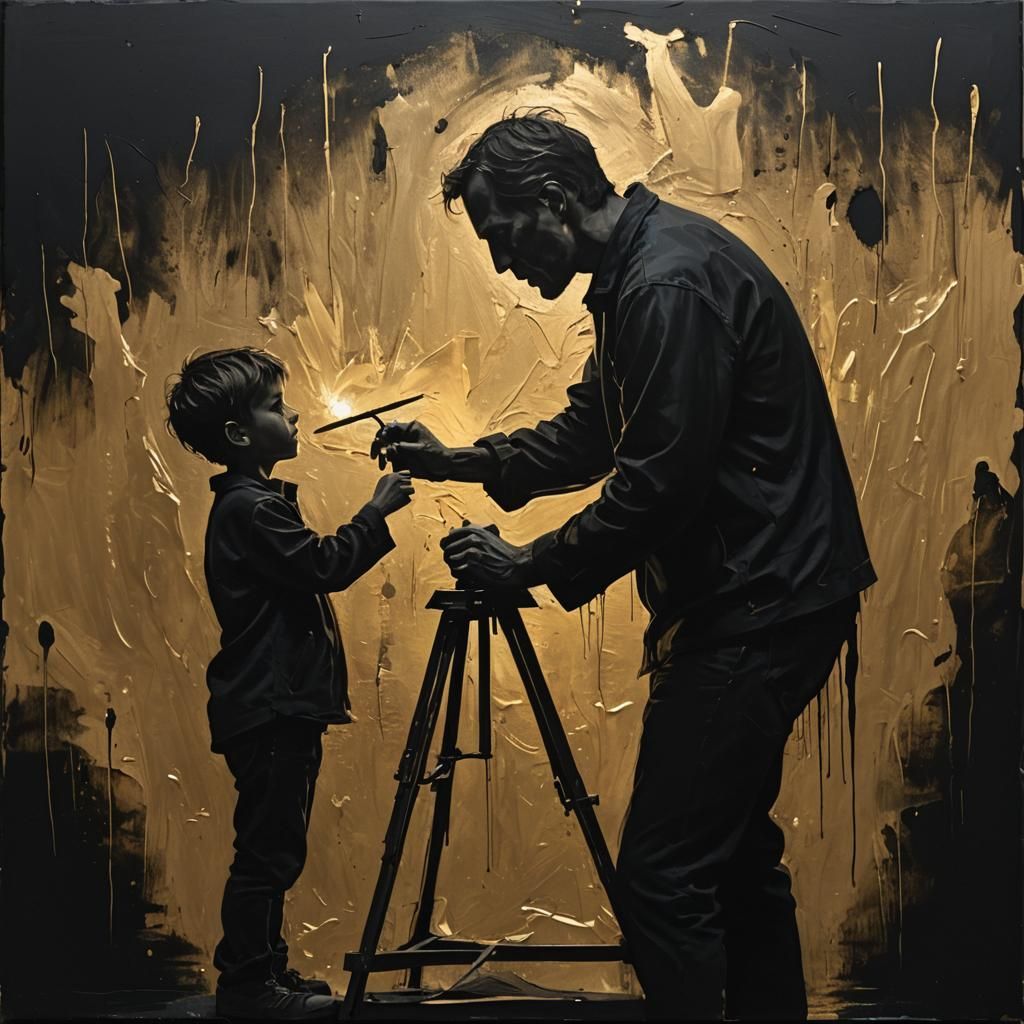 Father and Son Silhouette Painting with Golden Highlights