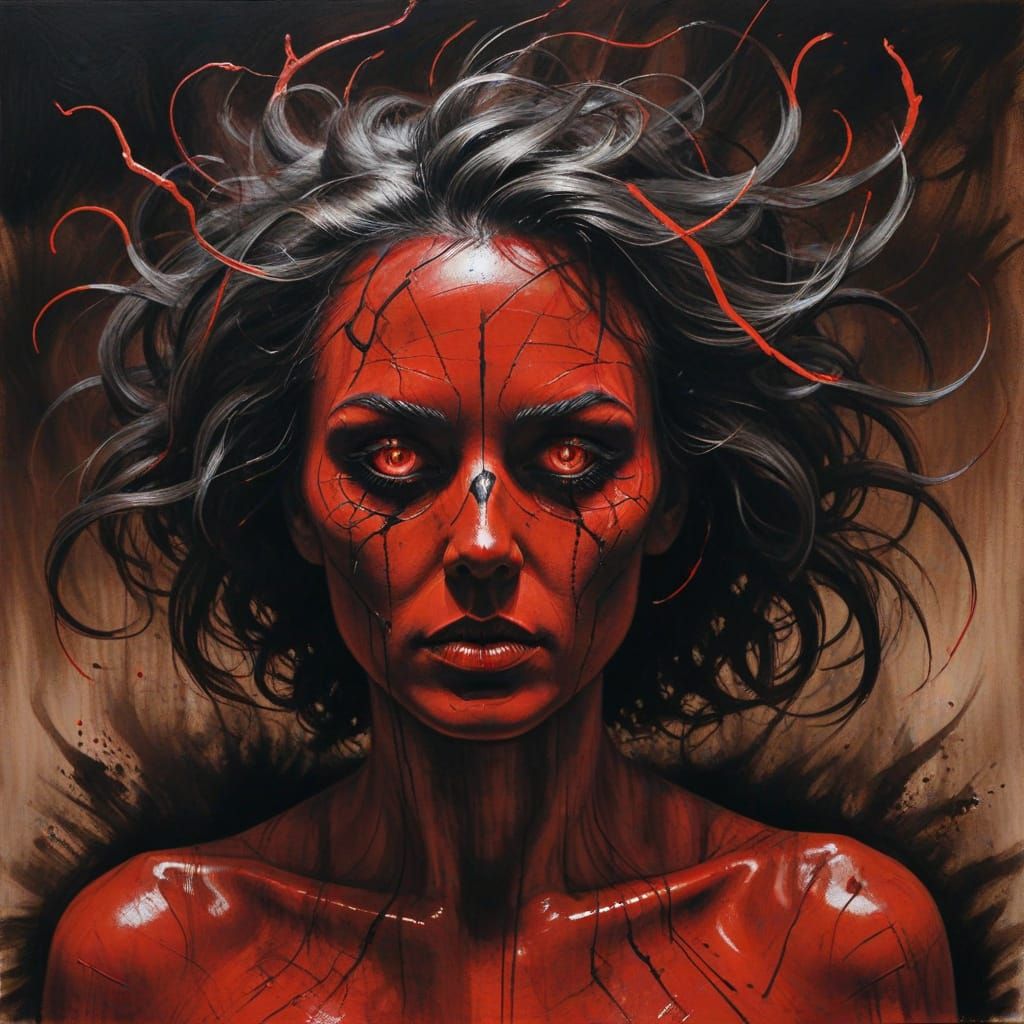 Crimson Lunatic: Unsettling Charcoal and Gouache Illustratio...