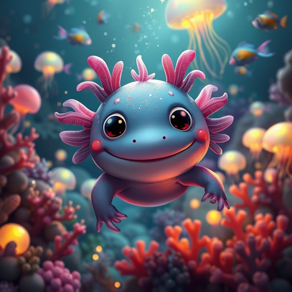 Whimsical Axolotl Wonderland in Vibrant, Dreamlike Style