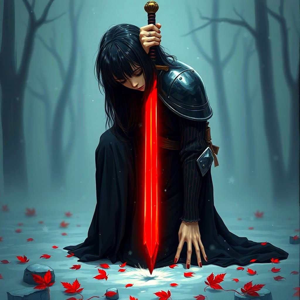 A Fallen Knight's Lament: Sorrowful Reflection Amid Snowy Bl...