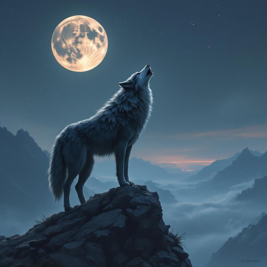 Wolf Howling at Moon in Atmospheric Digital Art Style