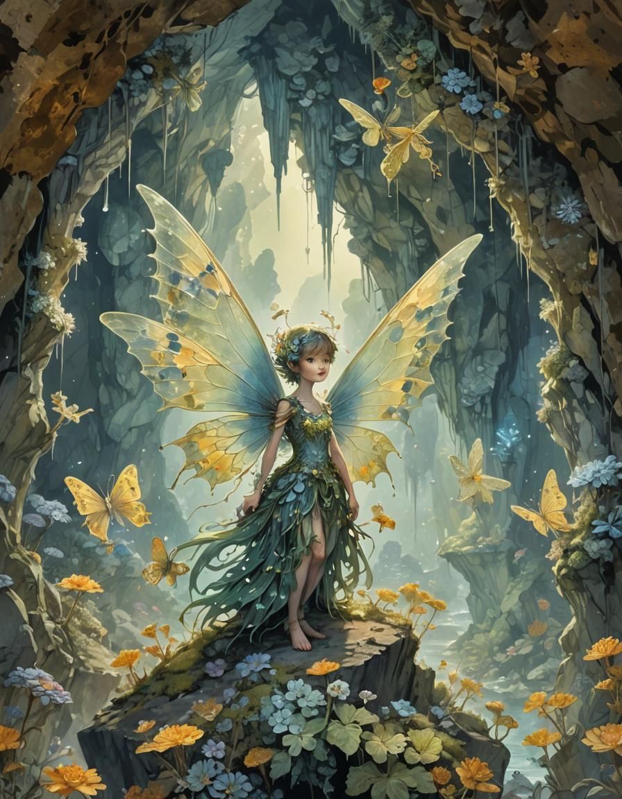 Pixie in Grotto: An Art Nouveau Lithograph