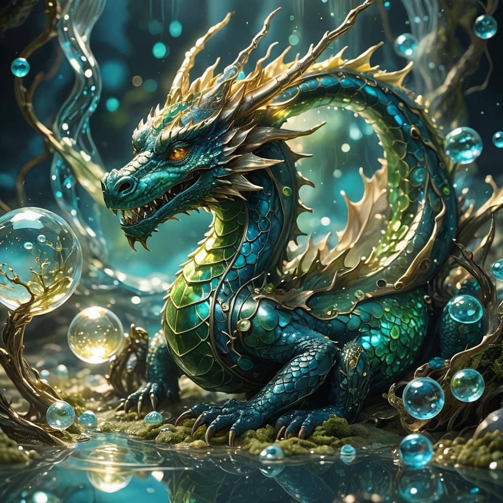 Glass Dragon Beside Water Nest: Fantasy Concept Art