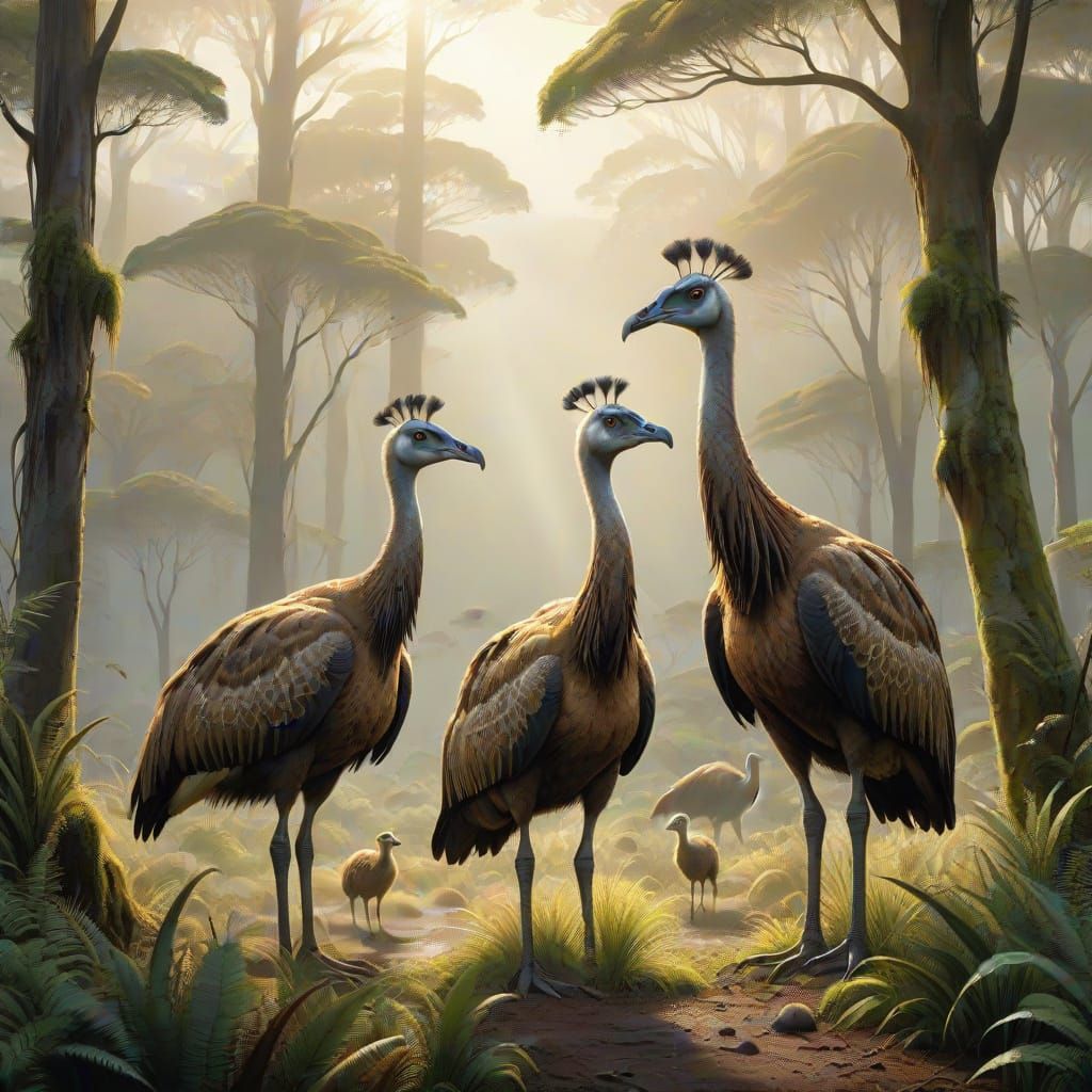 Majestic Moa Family in Ancient New Zealand Landscape