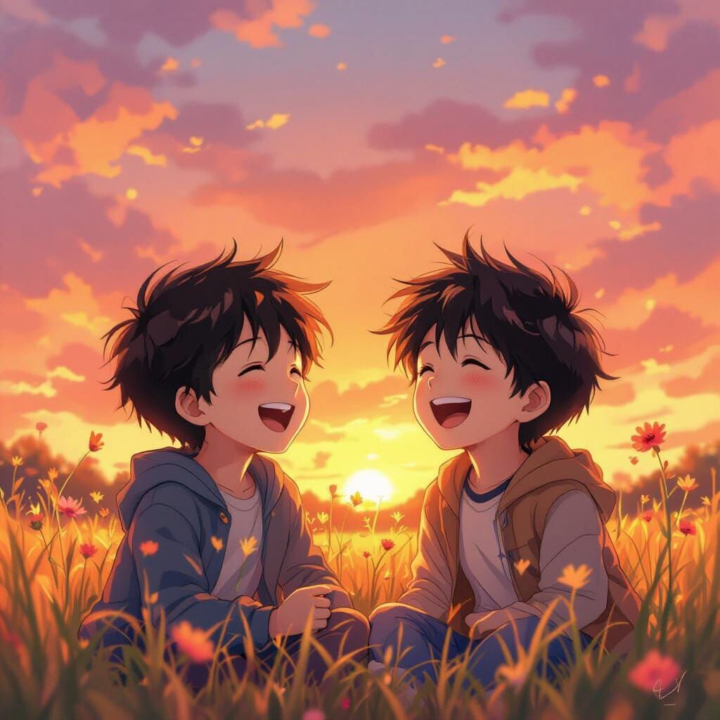Anime Brothers Playing in Golden Sunset: Makoto Shinkai Styl...