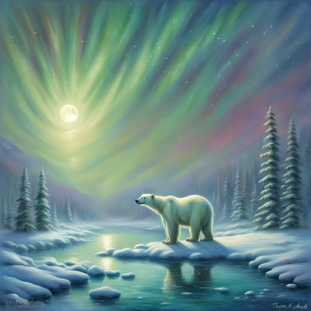 Polar Bear Under Northern Lights in Ethereal Style