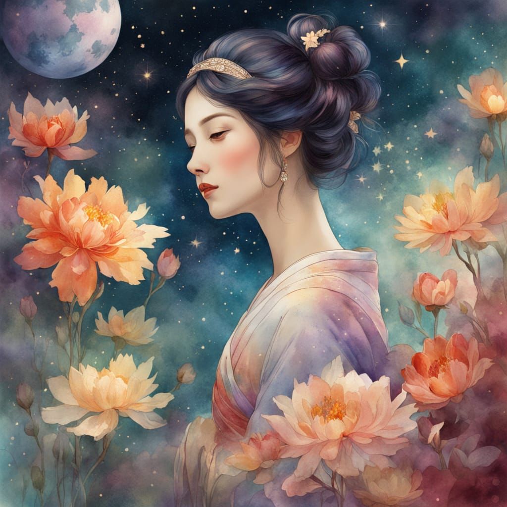 Whimsical Geisha in a Dreamy Watercolour Portrait