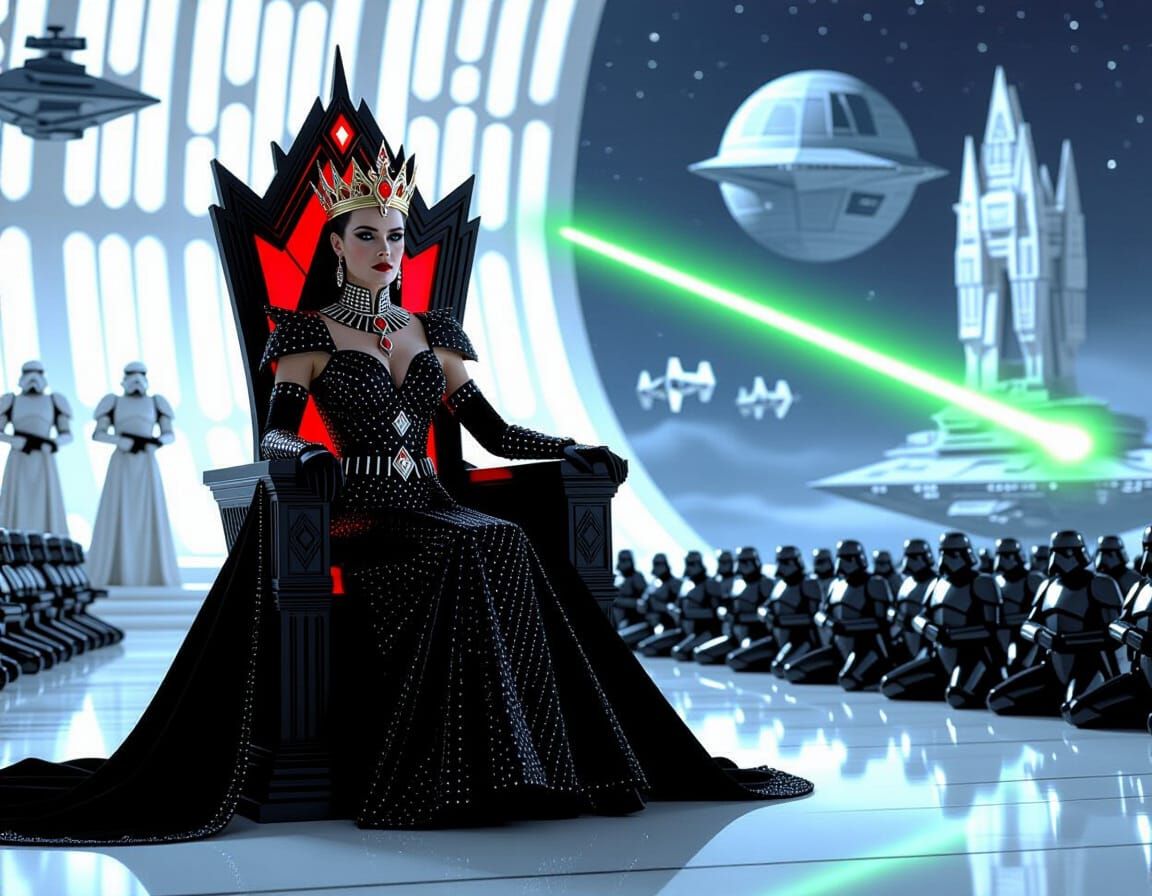 Empress on Diamond Throne in Epic Sci-Fi Scene