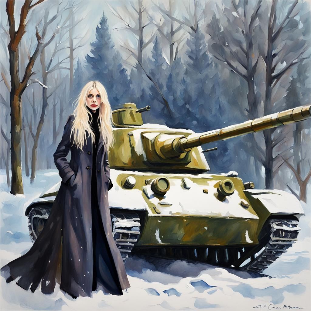 Taylor Momsen by T-34 Tank in Gouache Style