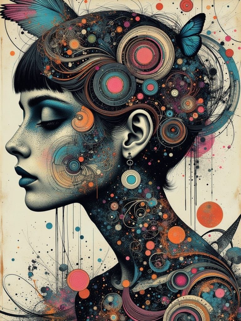 Gothic Woman Portrait in Abstract Mixed Media Style