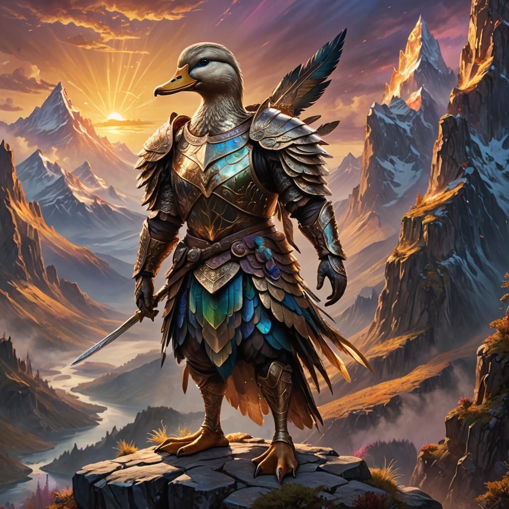 Duck Warrior on a Mystical Mountain Peak