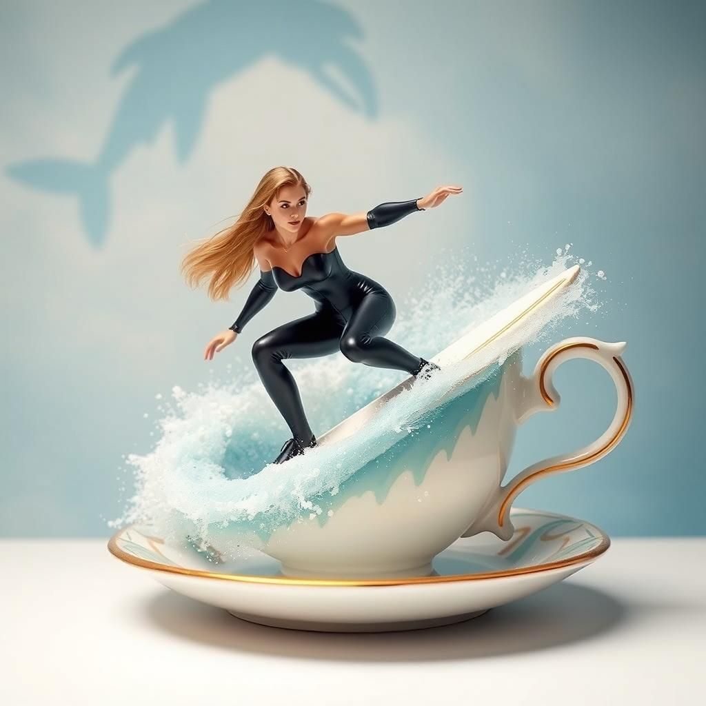 Surreal Teacup Wave: Surfer and Shark