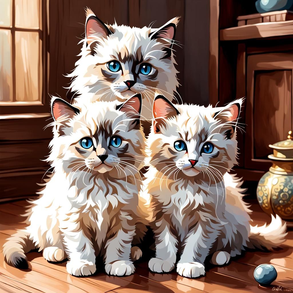 Graceful Ragdoll Kittens in Soft Watercolor Style