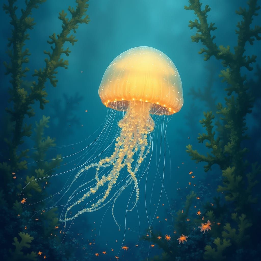 Bioluminescent Jellyfish in Kelp Forest, Fairytale Illustrat...