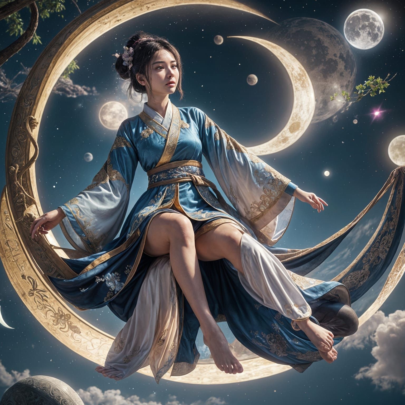 Girl in Hanfu on Crescent Moon in 3D Style
