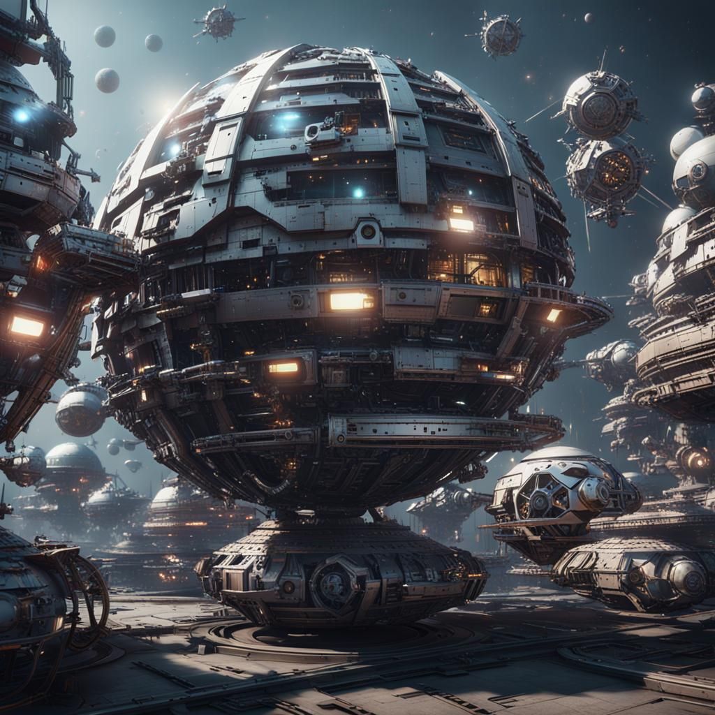 Futuristic Sci-Fi Space Stations with Triangle Ships